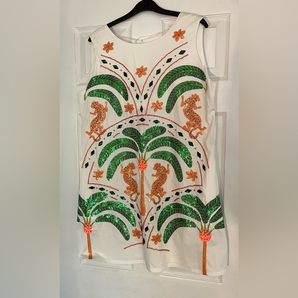 QUEEN OF SPARKLES White Dress with Green and Orange Sequins